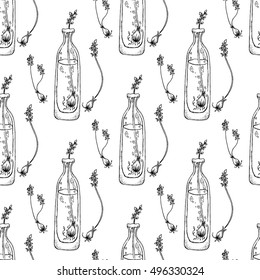 Black and white illustration on white background. Seamless pattern. Bottle with sprouts.