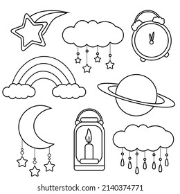 black and white illustration on the theme of the night. children's illustration. It is used as a coloring book or stickers.