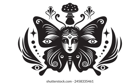 Black and white illustration on the theme of mystic and esoteric. Butterfly with woman face and decorative elements