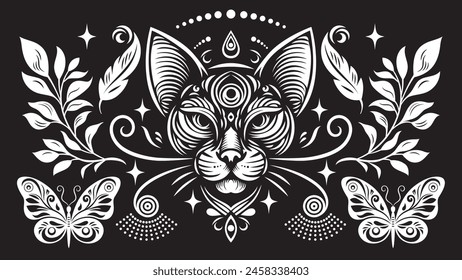 Black and white illustration on the theme of mystic and esoteric. Head of cat and decorative elements, horizontal banner