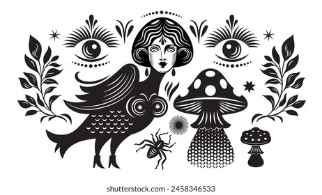 Black and white illustration on the theme of mystic and esoteric. The mythical bird with woman face and decorative elements