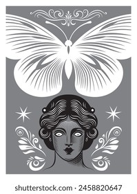 Black and white illustration on the theme of mystic and esoteric. Woman face and butterfly banner