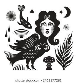 Black and white illustration on the theme of mystic, esoteric and symbolism. The mythical bird with woman face and decorative elements