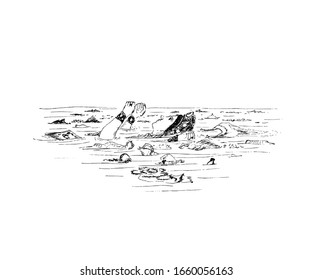 Black and white illustration on Water pollution. Pen and ink illustration on Water pollution. Water pollution during Navaratri in india. Concept art on water pollution. polluted ganga river.