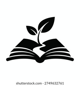 A black and white illustration of an open book with a growing plant sprouting from its pages. Vector
