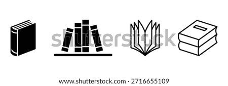 Black and white illustration of open book with pages silhouette. Open book icon silhouette vector illustration isolated flat style. Open, closed, and stacked designs with bookmarks, ideal for education and literature themes