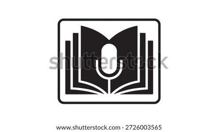 Black and white illustration of an open book with a microphone inside symbolizing audiobooks and podcasting education and learning concept
