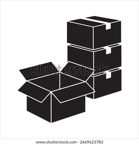 Black and white illustration of an open box next to a stack of closed boxes cardboard