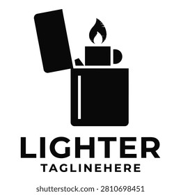 Black and white illustration of an open flame lighter with tagline icon