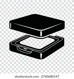 A black and white illustration of an open suitcase with a handle, shown on a transparent background, with a simple and modern style