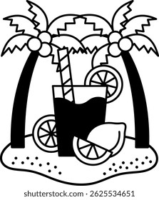 black and white illustration of an orange juice is on the beach