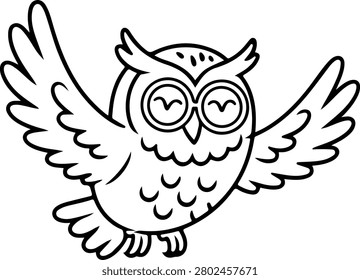 A black and white illustration of an owl in mid-flight with large round eyes and outstretched wings