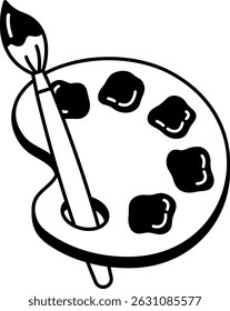 black and white illustration of a paint palette with a brush