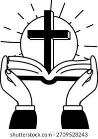 black and white illustration of A pair of hands holding a bible