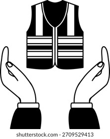 Schwarz-Weiß-Illustration eines Händepaares, das eine Weste hält 