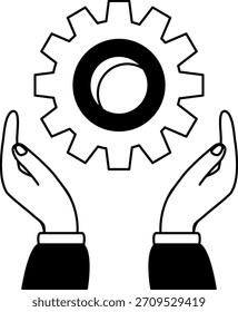 black and white illustration of A pair of hands holding a gear
