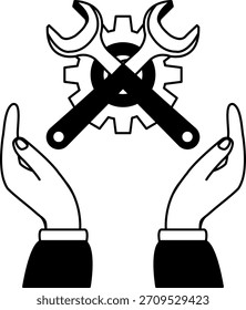 Ilustración en blanco y negro de Un par de manos sosteniendo una llave inglesa y un engranaje