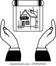 black and white illustration of A pair of hands holding a blueprints
