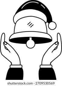 black and white illustration of A pair of hands holding a christmas bell in santa hat 