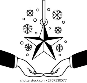 black and white illustration of A pair of hands holding a star 