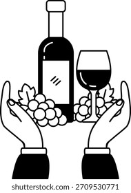 Schwarz-Weiß-Illustration von Ein Paar Händen, die eine Flasche Wein und ein Glas Wein halten