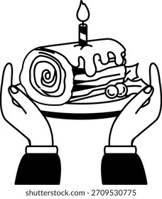 black and white illustration of A pair of hands holding a Log cake