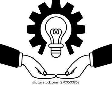 black and white illustration of a pair of hands holding a light bulb