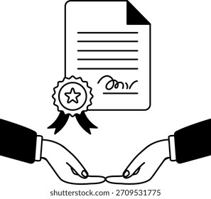black and white illustration of a pair of hands holding a certificate