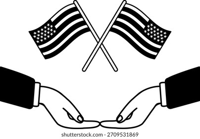 black and white illustration of A pair of hands holding an american flag 