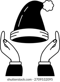 Ilustración en blanco y negro de Un par de manos sosteniendo un sombrero de santa