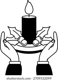 black and white illustration of A pair of hands holding a Christmas candle