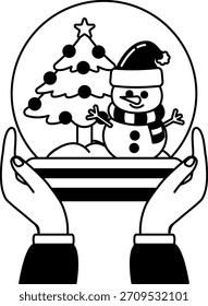 Ilustración en blanco y negro de Un par de manos sosteniendo un muñeco de nieve en un globo de nieve