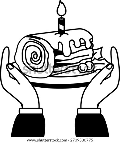 black and white illustration of A pair of hands holding a Log cake