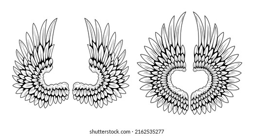 Black and white illustration of a pair of wings. Bird wings. Angel wings. Element for vintage tattoo.