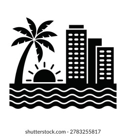 Black and white illustration of a palm tree, buildings, and ocean at sunset