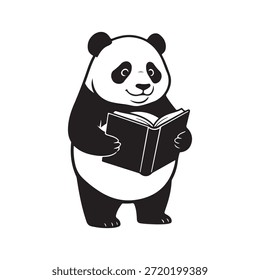 Black and white illustration of a panda reading a book bear open book