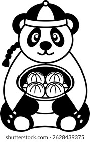 black and white illustration of a panda in traditional clothes holding steamed buns