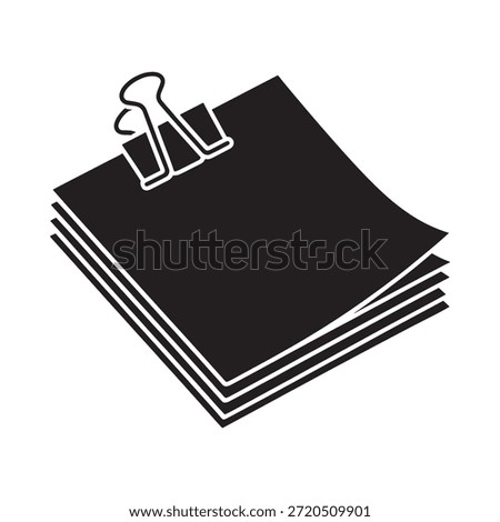 A black and white illustration of papers secured with a silver binder clip