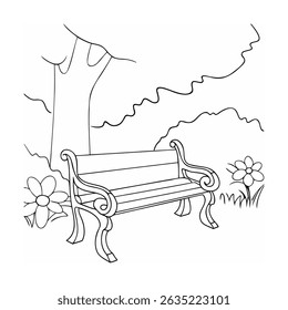 Black and white illustration of a park bench with flowers and a tree in simple line art.