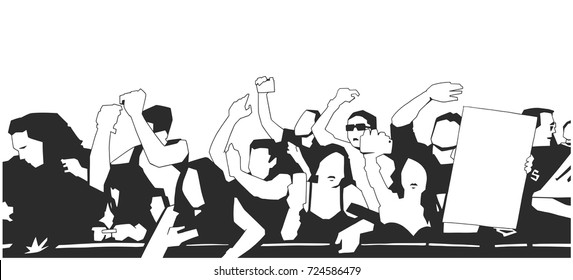 Black and white illustration of party crowd cheering at concert with blank sign