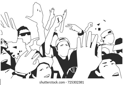 Black and white illustration of party crowd cheering at concert 