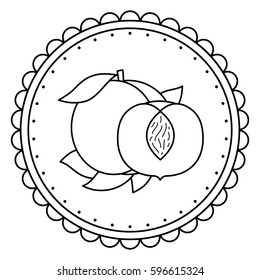 Black and white illustration of a peach. Coloring page.