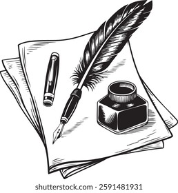 A black and white illustration of a pen with a feather quill, inkwell, and parchment paper