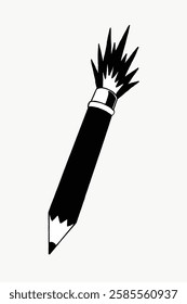 Black and white illustration of a pencil with an explosive tip. The pencil appears dynamic and stylized, emphasizing creativity and impact. Funky vector illustration.