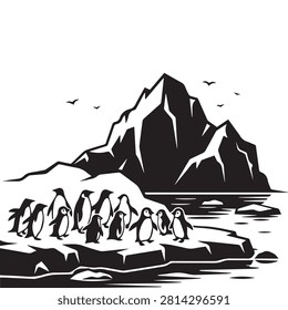 Black and white illustration of penguins on icy rocks near a mountain