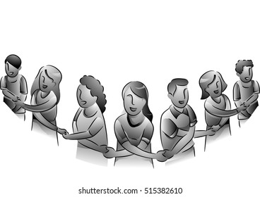 Black And White Illustration Of People Forming A Human Chain In A Show Of Unity