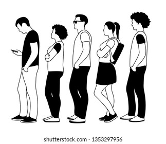 black and white illustration of people in line