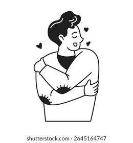 Black and white illustration of a person hugging themselves with joy. Simple style with hearts symbolizing selflove and happiness on clean white backdrop.