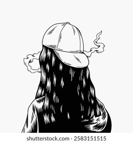 Black and white illustration of a person with long hair wearing a cap, seen from behind, with smoke swirling around. Artistic, monochrome, cap, smoke. Vintage woman illustration vector.