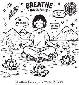 Black and white illustration of a person meditating outdoors with mountains, lotus flowers, and motivational words like 'Breathe' and 'Inner Peace'.